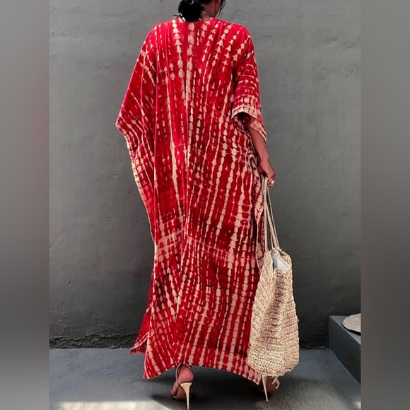 Red Tie Dye Hippie Boho Kaftan Long Loose Maxi Dress Bohemian V Neck Caftan New - Picture 3 of 13